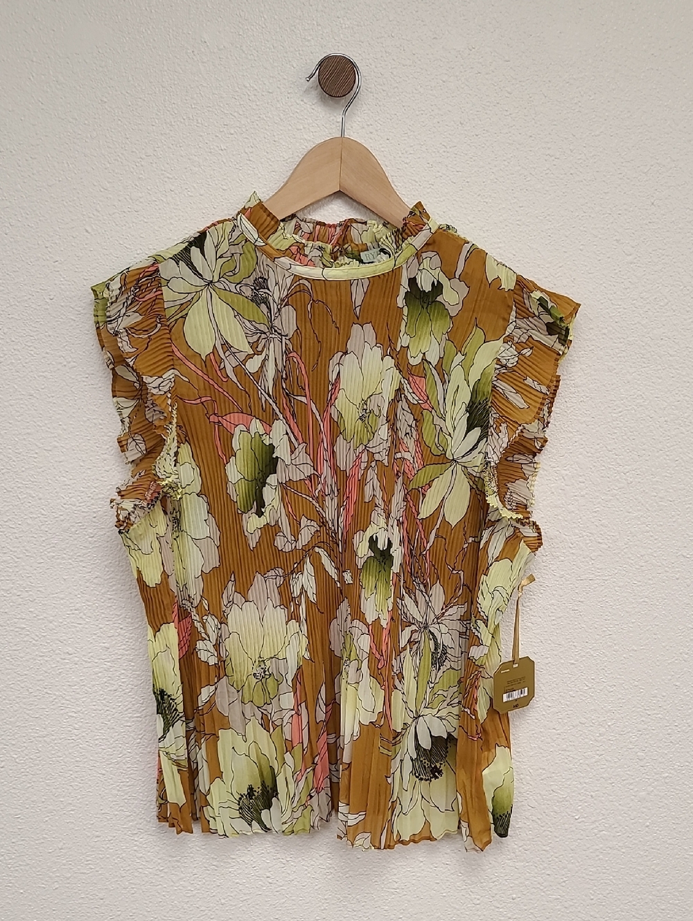 Floral Pleated Ruffle Sleeve Blouse - Mustard Green Floral. NWT